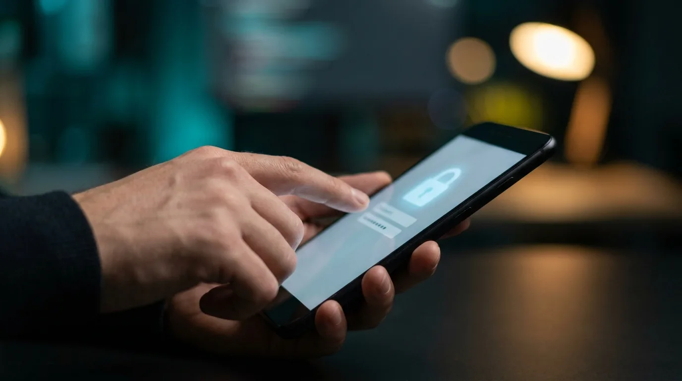 Introducere parolă securizată pe telefon cu simbol de lacăt, ilustrând verificarea contului
