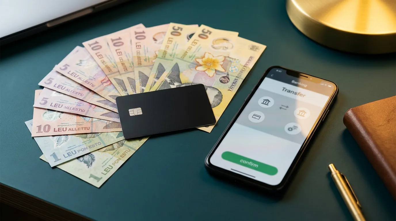 Bancnote, card bancar și telefon cu ecran de transfer bancar, ilustrând o retragere rapidă la casino