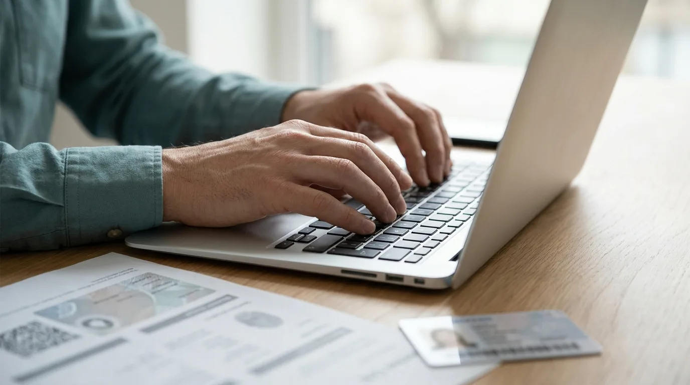 Persoană completând verificarea identității pe laptop lângă un document și un act, ilustrând procesul KYC